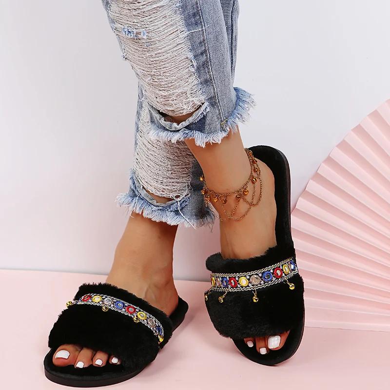 Модные Стильные Шлепанцы с Вышивкой для Женщин Пушистые Мягкие Подошвы Плоские Тапочки женские Домашние Нескользящие Легкие Сандалии Женские