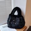 Retro Plush Striped Handbag Texture Pearl Faux Fur Bucket Shoulder Bag Fashion Versatile Large Capacity Tote Bag for Women