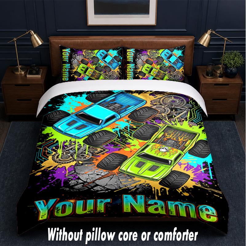 Monster Truck Theme Custom Text Or Name 3Pcs Bedding Set,1 Flat Sheet & 2 Pillowcases Personalized Home Bedding