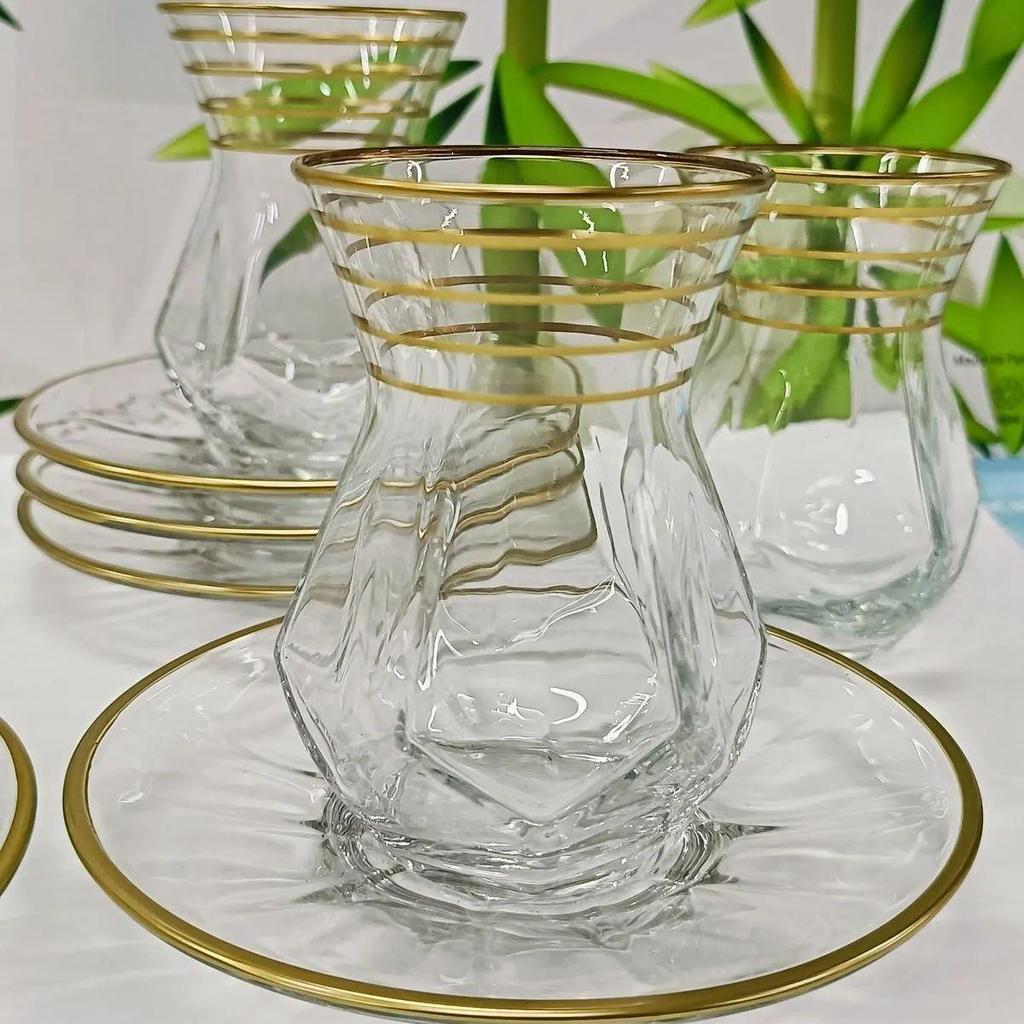 Декоративный чайный набор из 12 предметов и блюдца, модель с позолоченной линией, вышитый чайный сервиз в турецком стиле на 6 человек