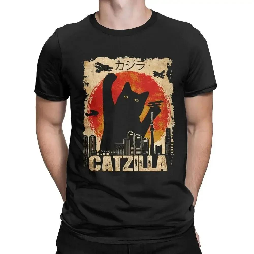 Футболки Catzilla Monsters Котёнок Мужские Женские С Круглым Вырезом Чистый Хлопок Аниме Черный Кот Повседневные С Коротким Рукавом Парные Топы