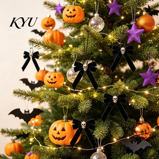 Black Velvet Skull Decor Halloween Bows with Ornaments for Tree Decoration, Gothic Pendant Flannel Bow Hanging Home Holiday Party Retro Distressed