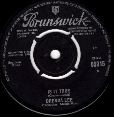 7-дюймовая пластинка БРЕНДА ЛИ - Это правда 05915 Brunswick 1964 Великобритания Рок Б/У