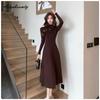Французский стиль, осенне-зимнее женское платье-свитер миди, с половиной воротником, черное, серое, кофейное, вязаное платье, элегантное женственное трикотажное платье