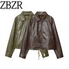 Za Export New Arrival Women's Clothing ZR Fashion Style Fashion Drawstring Leather Imitation Leather Lapel Loose Zip Jacket Outwear