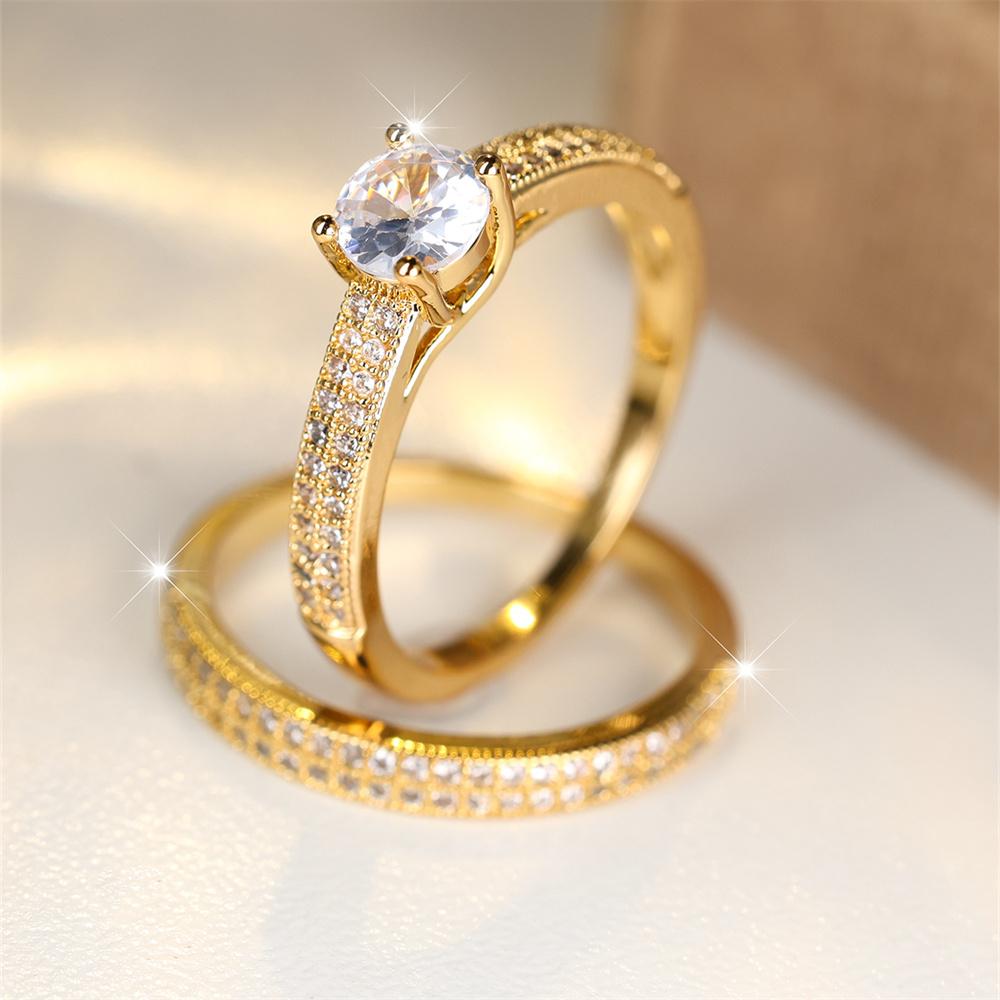 White Zircon Engagement Ring Sets Luxury Crystal Round Stone Double Rings For Women Vintage Gold Color Wedding Band Boho Jewelry