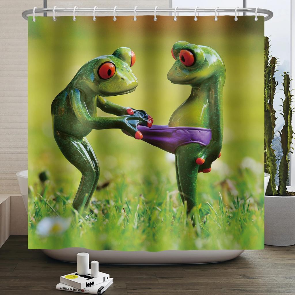 Funny Frog Shower Curtain for Bathroom Mushroom Butterfly Floral Green Plant Cartoon Animal Waterproof Polyester Shower Curtain