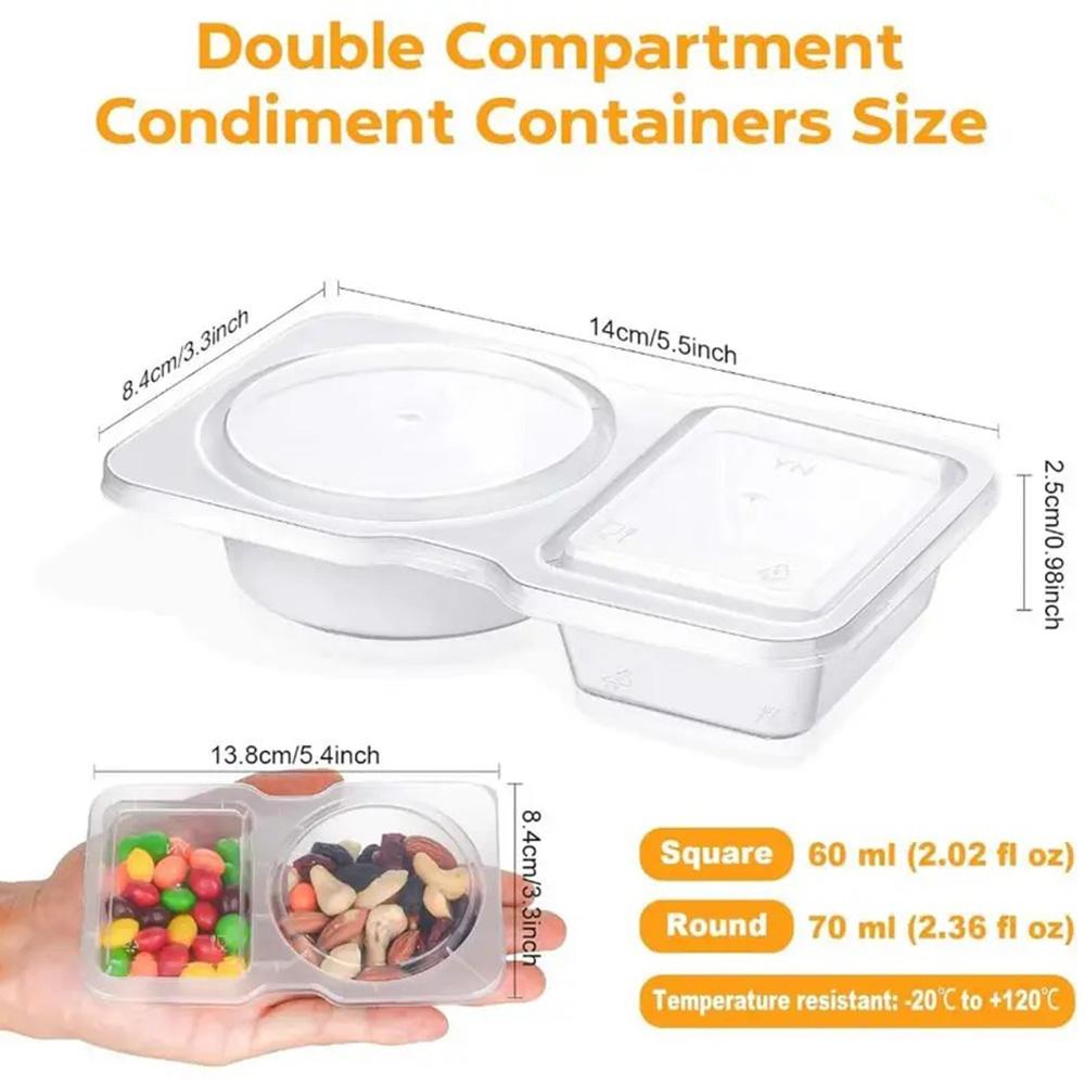 20PCS Reusable Snack Pack Containers Double Compartment Snack Containers 2 Compartment Thickened and Portable Hinged Lid Clear Plastic Portion Cups