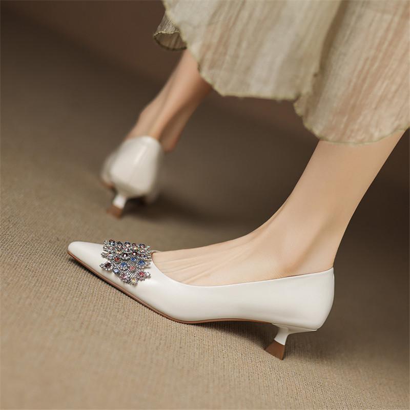 Fashion New Spring/Autumn Genuine Leather Women Shoes Pointed Toe Shoes for Women Fashion Rhinestone Loafers Shallow Mouth Women Pumps