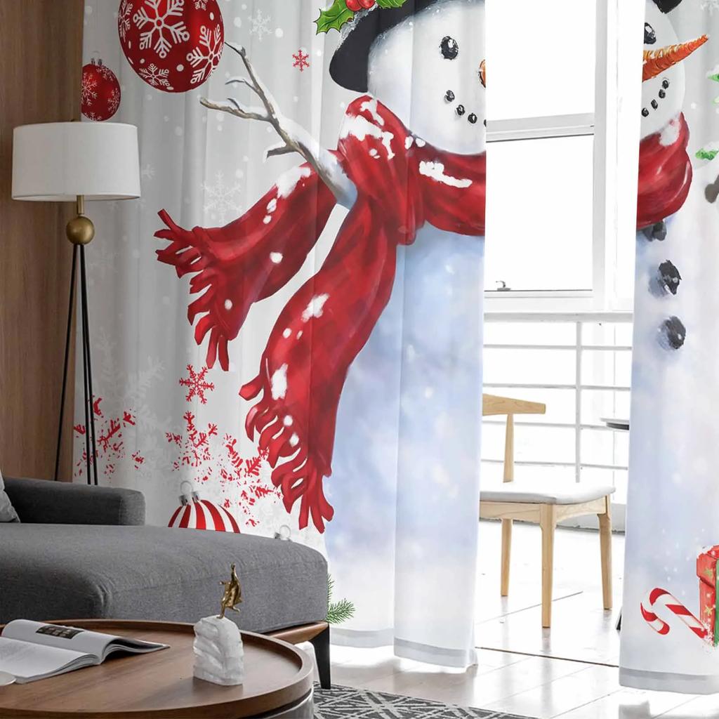 Christmas Snowman Pine Branch Sheer Curtains for Living Room Decoration Window Curtains Kitchen Tulle Voile Curtains