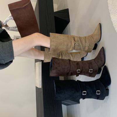 Осень-зима 2025 новая ретро остроносая пряжка для ремня толстый каблук высокий каблук сапоги высокие сапоги сапоги рыцаря