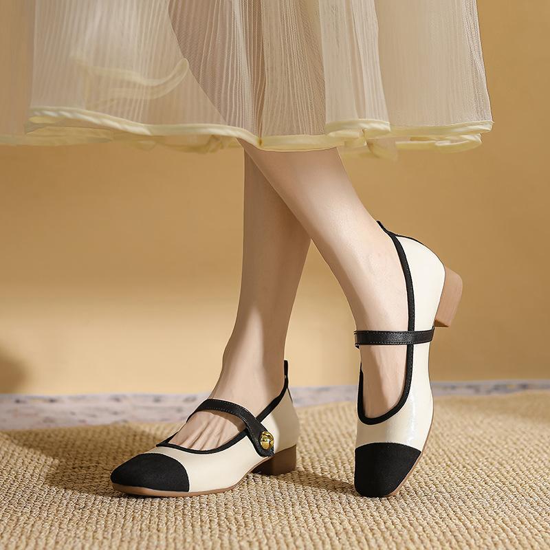 Одно слово с туфлями Мэри Джейн женские осенние новые с неглубоким вырезом квадратный носок сочетание цветов темпераментные одинарные туфли женские