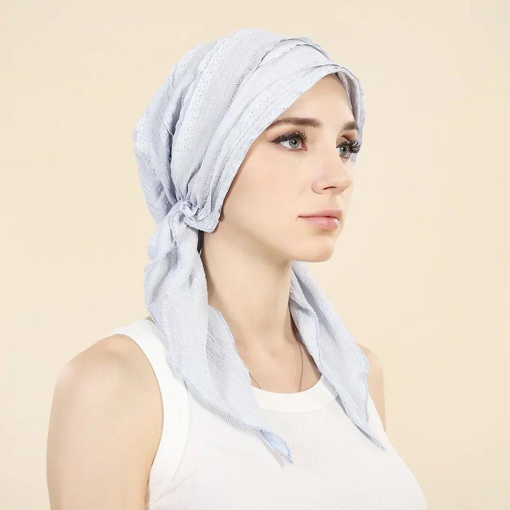 New Shimmer Pre-Tied Hat Women Muslim Hijab Turban Long Tail Headscarf Beanies Bonnet Hair Loss Chemo Cap Head Wrap Bandanas