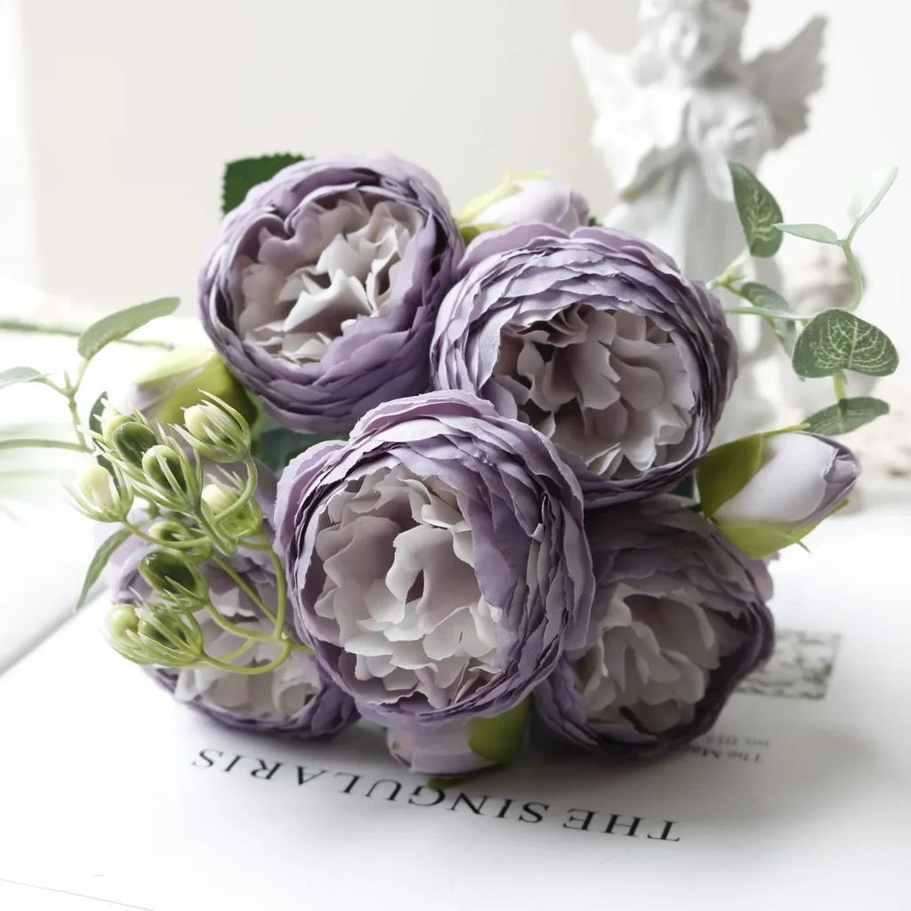 30 см розово-розовый шелковый пион Букет из искусственных цветов 5 больших головок и 4 бутонов Дешевые поддельные цветы для дома, свадебного украшения в помещении