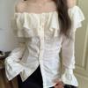 Fashion Slim Fit Sexy Slash Neck Shirts for Women Elegant Long Sleeve Tops Vintage Ruffled Lace Blouse Women Button Up Off Shoulder Ladies Shirt 26292