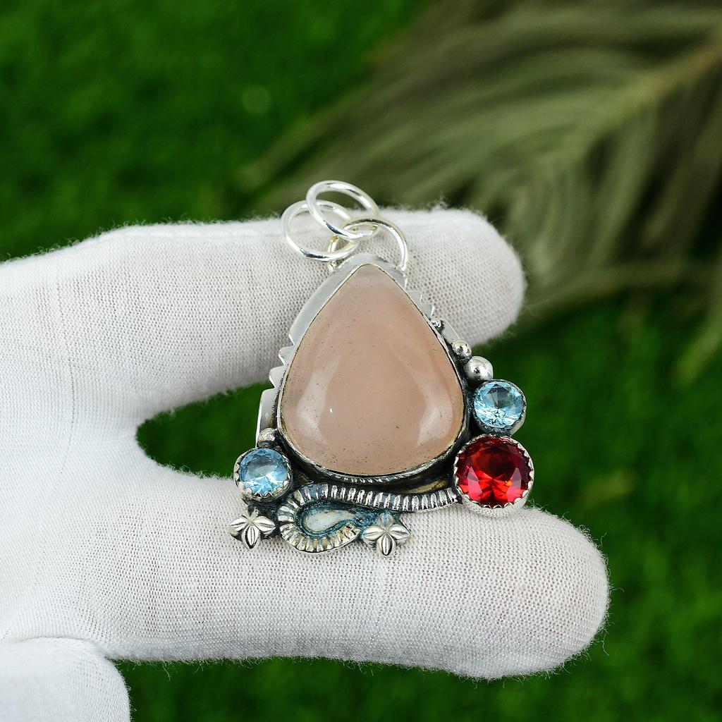 Womens day Sale Sterling Silver Rose Quartz Gemstone Garnet Boho Pendant Jewelry