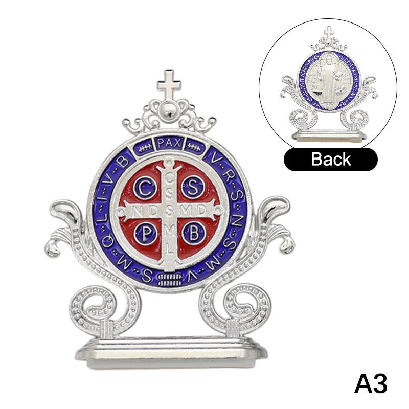 Cross Craft Ornament Enamel Metal Saint Benedict Statue Car Home Office Table Decoration Religious Blessing Decor