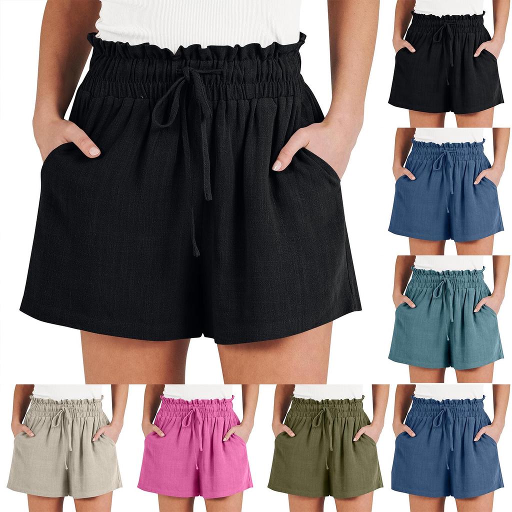 Женские льняные шорты, летние пляжные повседневные удобные шорты с эластичной резинкой на талии, легкие шорты на шнурке, повседневные шорты с карманами