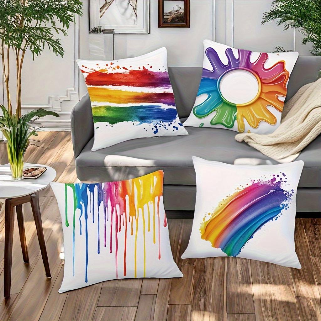 Doodle Rainbow Artwork Digital Printing Pillow Cover Short Plush Suitable Living Rooms Bedrooms Sofas Throw Cushion Cover 4Pcs