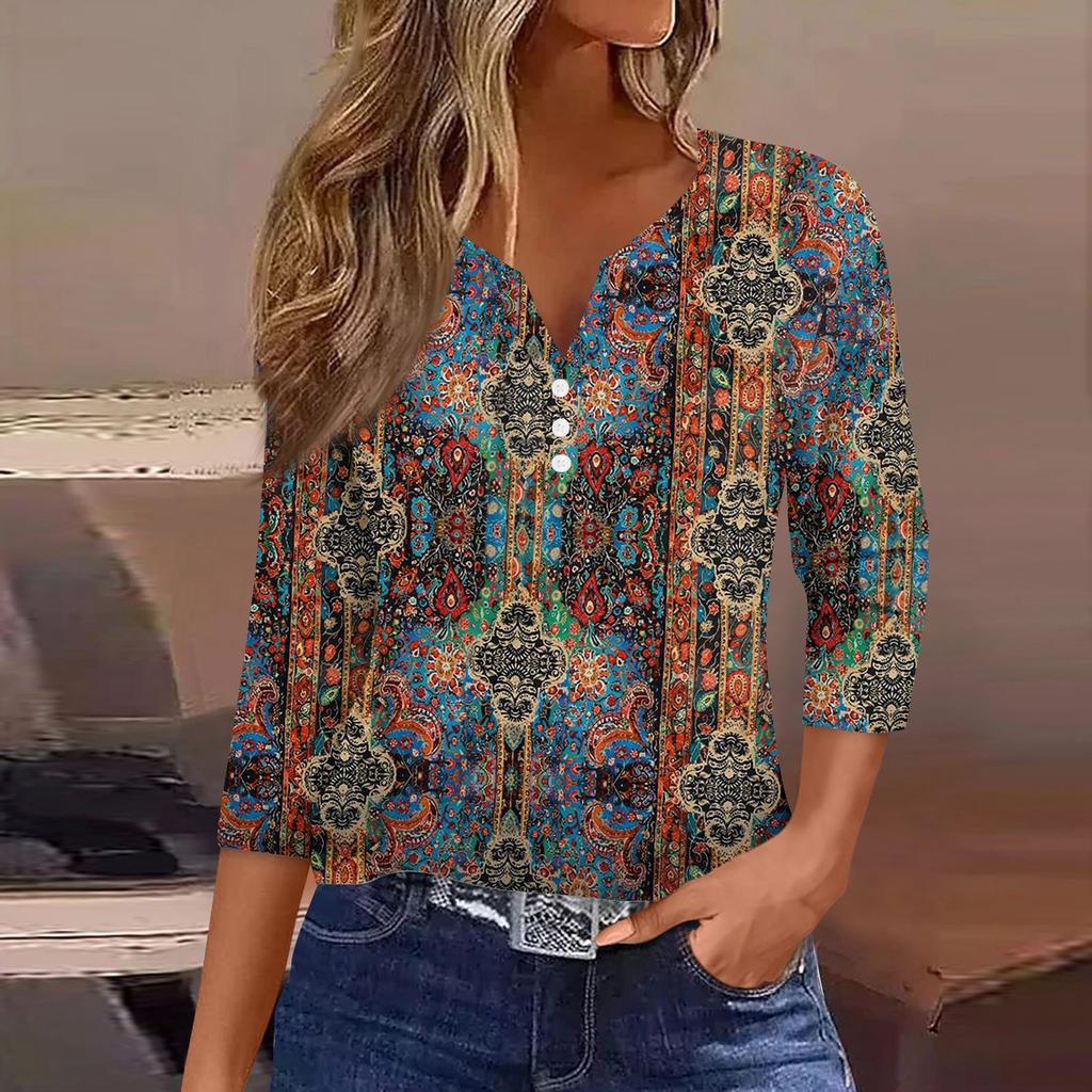 Жен. Футболка Футболка С принтом Пуговицы Рукав 3/4 Повседневные Выходные Мода Классический Классический V-образный вырез Обычный Верх