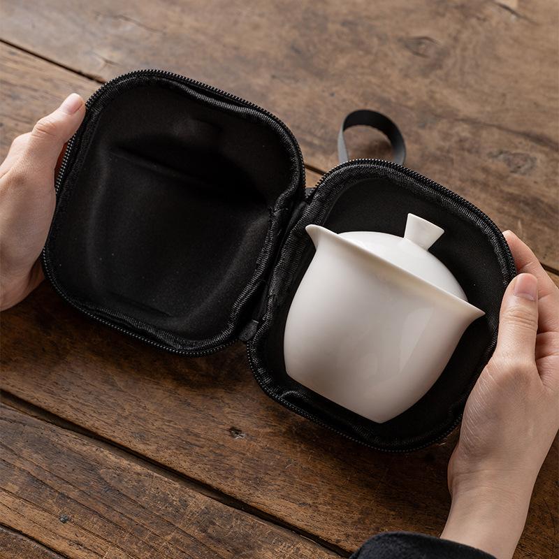 Suet Jade Porcelain Light Luxury One Pot Three Cups Outdoor Portable Travel Kung Fu Tea Set High-end Business Commemorative Gifts