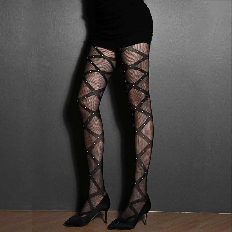 Gothic Women Sexy Fishnet Tights Designer Bandage Rhinestones Pantyhose Sex Stockings Tights With Cutout
