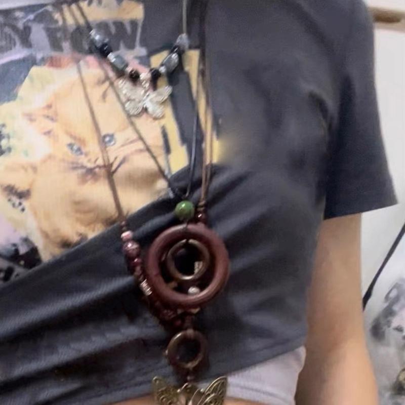 Деревянное Круглое Кольцо Подвеска Ожерелье Регулируемая Длинная Цепочка для Свитера Винтажное Ручной Работы Ожерелье-Ошейник Заявление Ювелирное Изделие