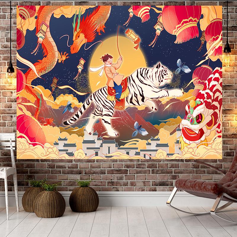 Большой гобелен в китайском стиле в стиле тигра, настенный гобелен с геометрическим рисунком, гобелен в стиле хиппи, домашний декор, эстетическое украшение