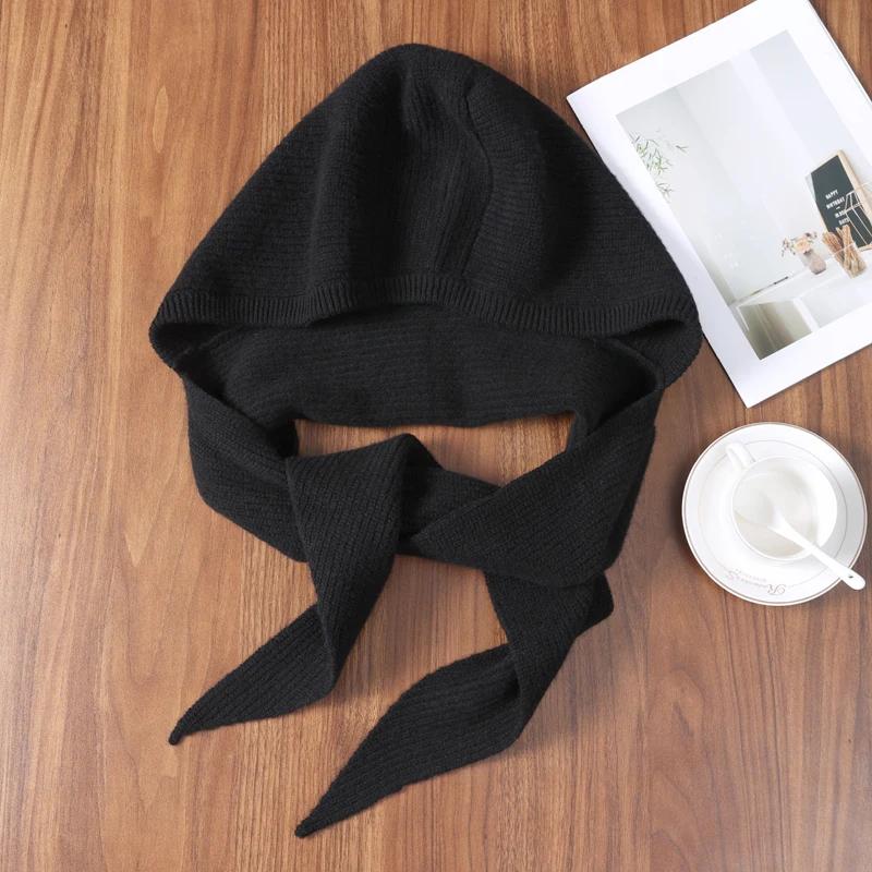 Women's 100% Cashmere Hooded Scarf Windproof Solid Color Knit Soft Shawl Elegant Neck-Protect Fashion Outdoor Winter Accessory
