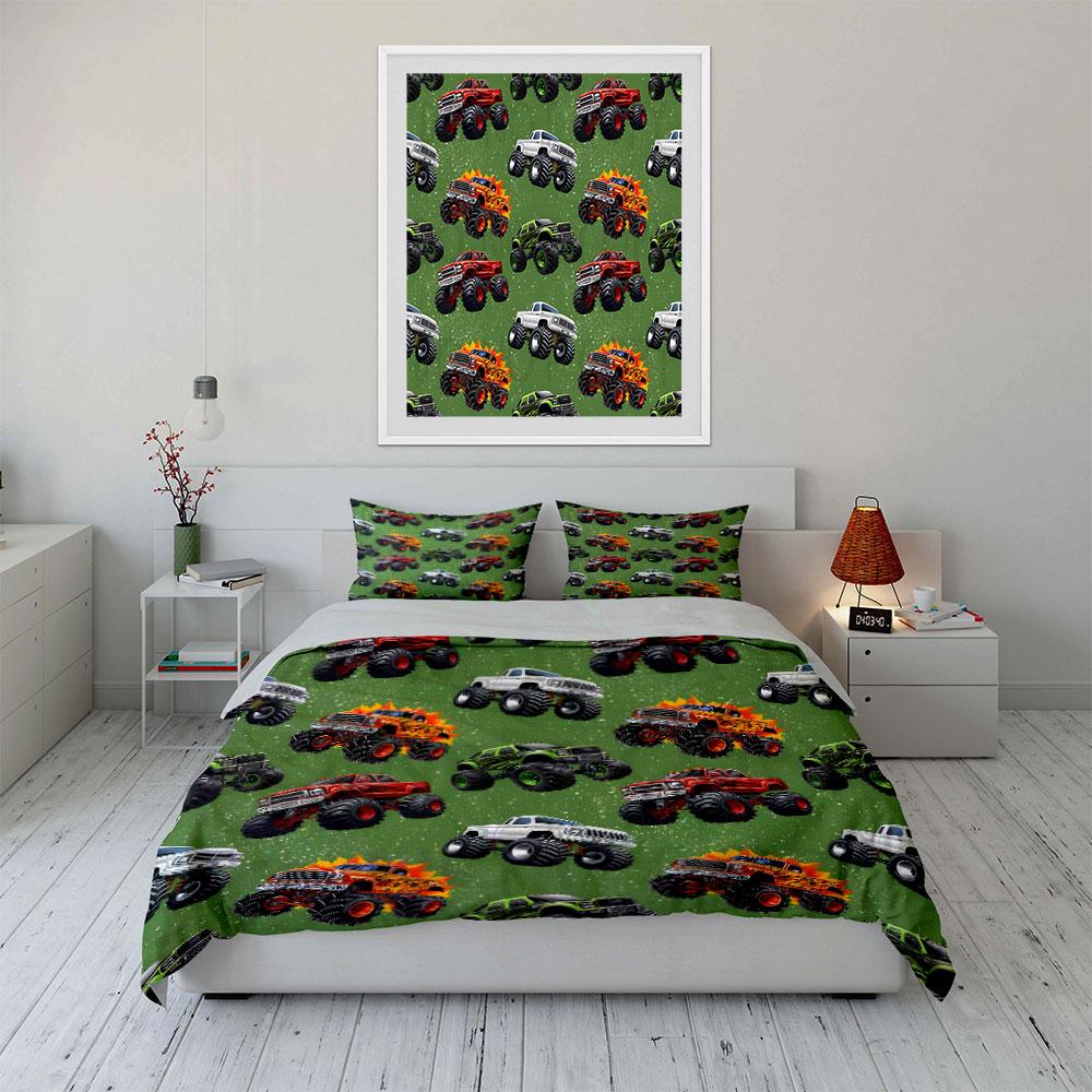 Monster Truck Pattern Background Print Bedding Set 1 Duvet Cover 2 Pillowcases for Adult and Children Luxury Gift Full Size