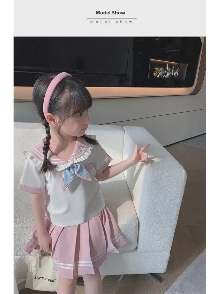 Корейский женский костюм в стиле JK с коротким рукавом для колледжа: Летний комплект из двух предметов: юбка в складку и рубашка для детей