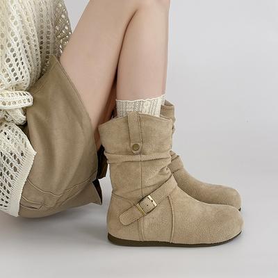 Западные ковбойские сапоги Ботинки Мартина женская обувь ретро замшевая пряжка 2025 новый летний дизайн плиссированные маленькие короткие сапоги
