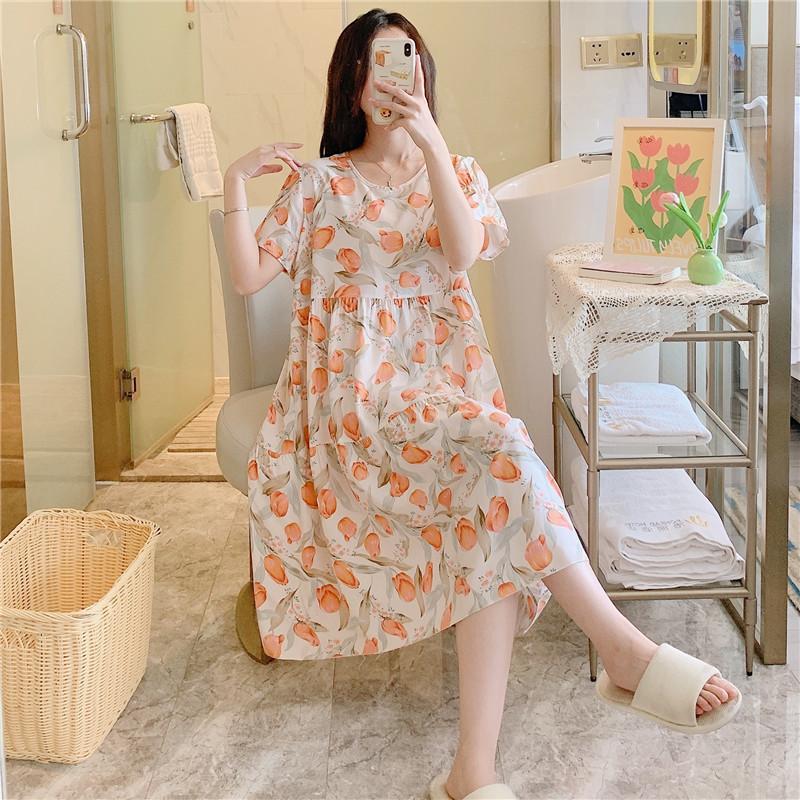Cotton and silk nightgown women's spring and autumn casual short-sleeved large-size printed pajamas summer thin high-end cotton loungewear