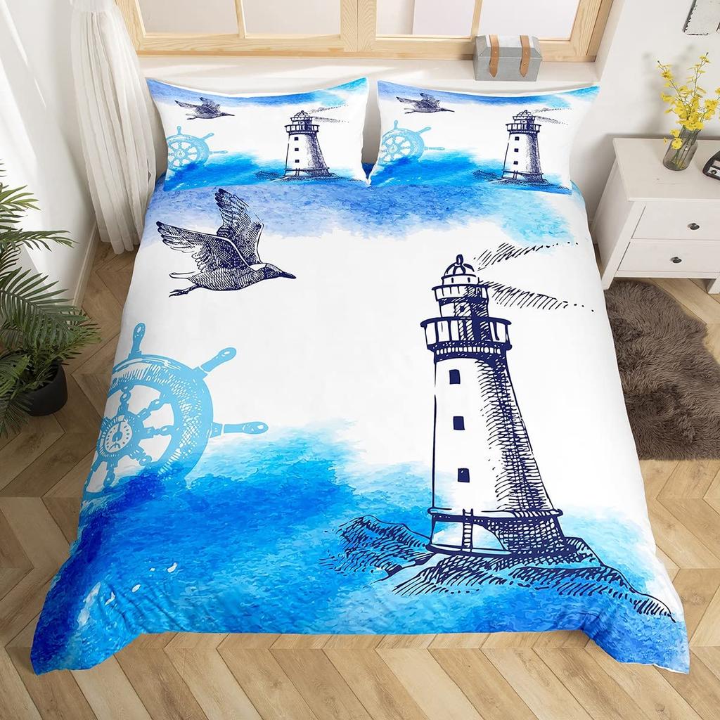 Nautical Comforter Cover Sailboat Lighthouse Duvet Cover Watercolor Ocean Themed Bedding Set Summer Beach Polyester Quilt Cover