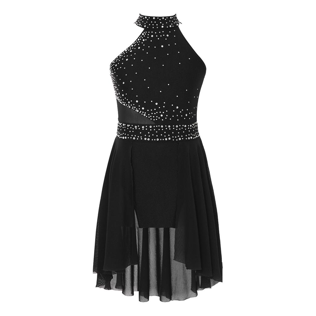 Girls Glittery Lyrical Dance Dress - Rhinestone Decor & Irregular Hem for Stage Performances