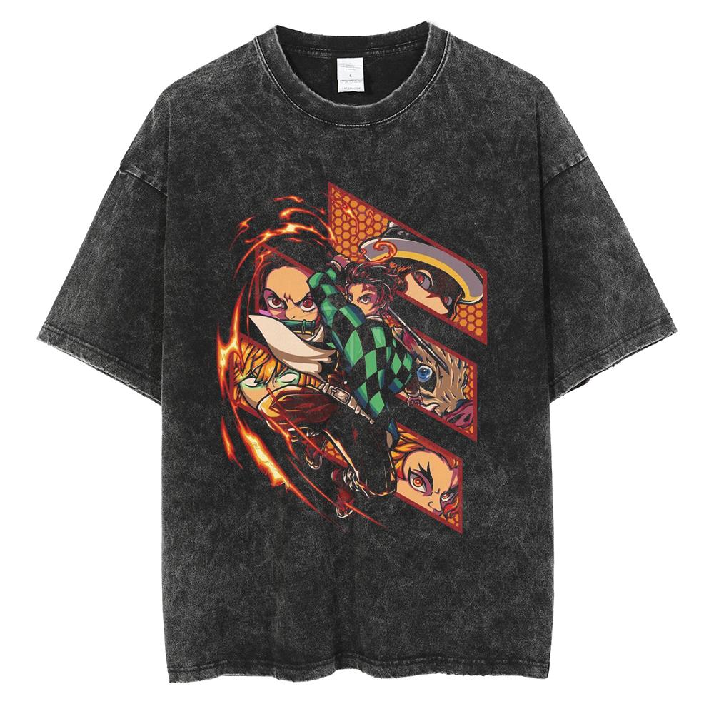 Anime Demon Slayer Tanjirou Nezuko Zenitsu Inosuke Cute Graphic Tshirt Men Women Washed Cotton T-shirts Harajuku Male Manga Tops