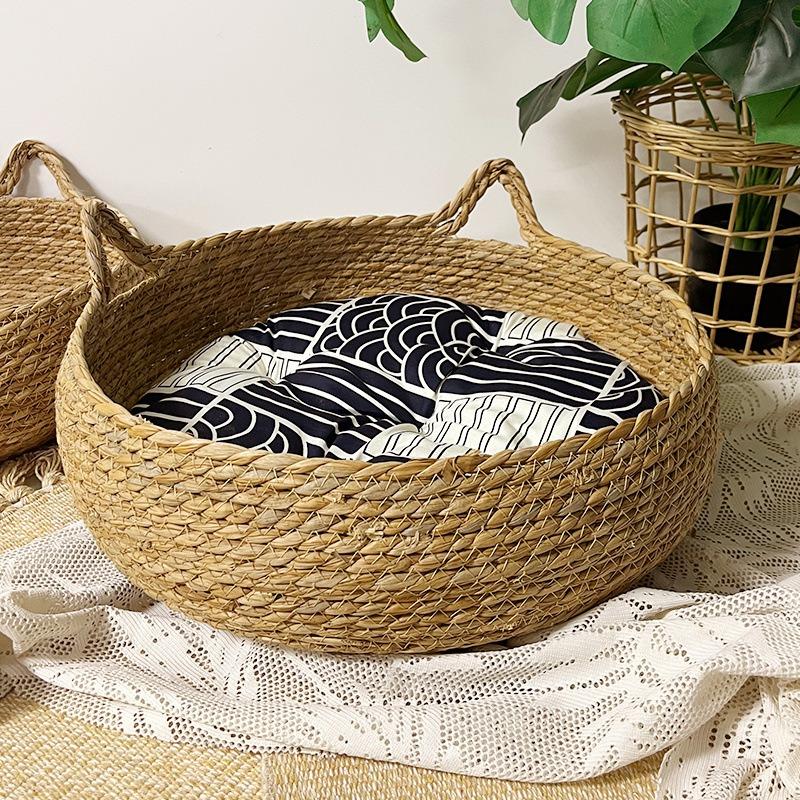 OUZEY Rattan Weaving Cat Basket Pet Cat Bed With Cushion Soft Warm Puppy Kitten Bed Donut Round Comfortable Sleeping Cat House