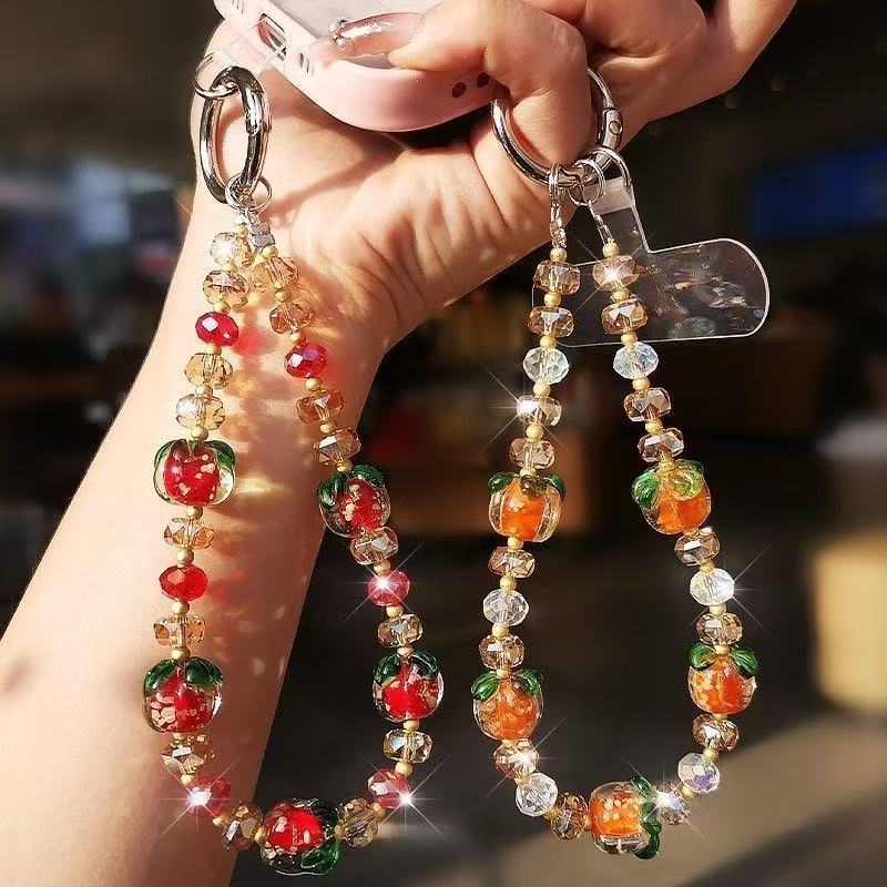 Sparkly Persimmon Beaded Phone Wrist Strap, Crystal Fruit Phone Lanyard with Clip