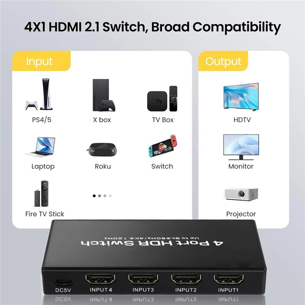Q8-4 Ультратонкий HDMI 2.1 8K 60 Гц Игровой Переключатель для Домашнего Кинотеатра 4x1 Адаптер с Пультом Дистанционного Управления