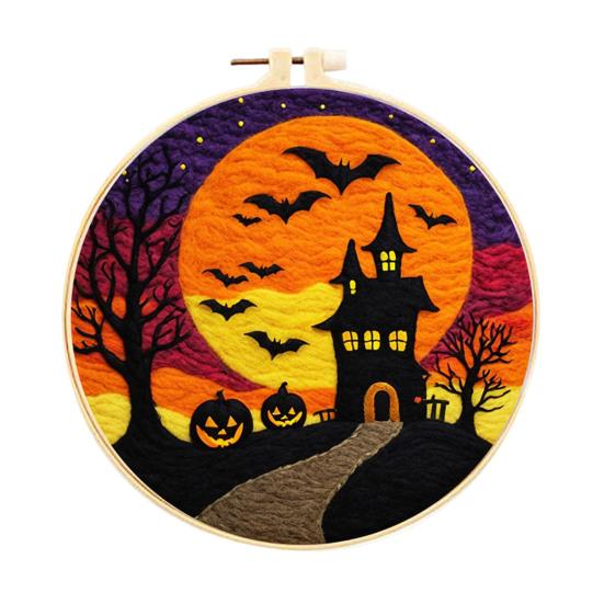 Halloween Needle Felting Kit Beginner Felt Craft Set DIY Felt Painting with Faux Wool Needle Frame Stamped Fabric for Adults Handcraft Lovers