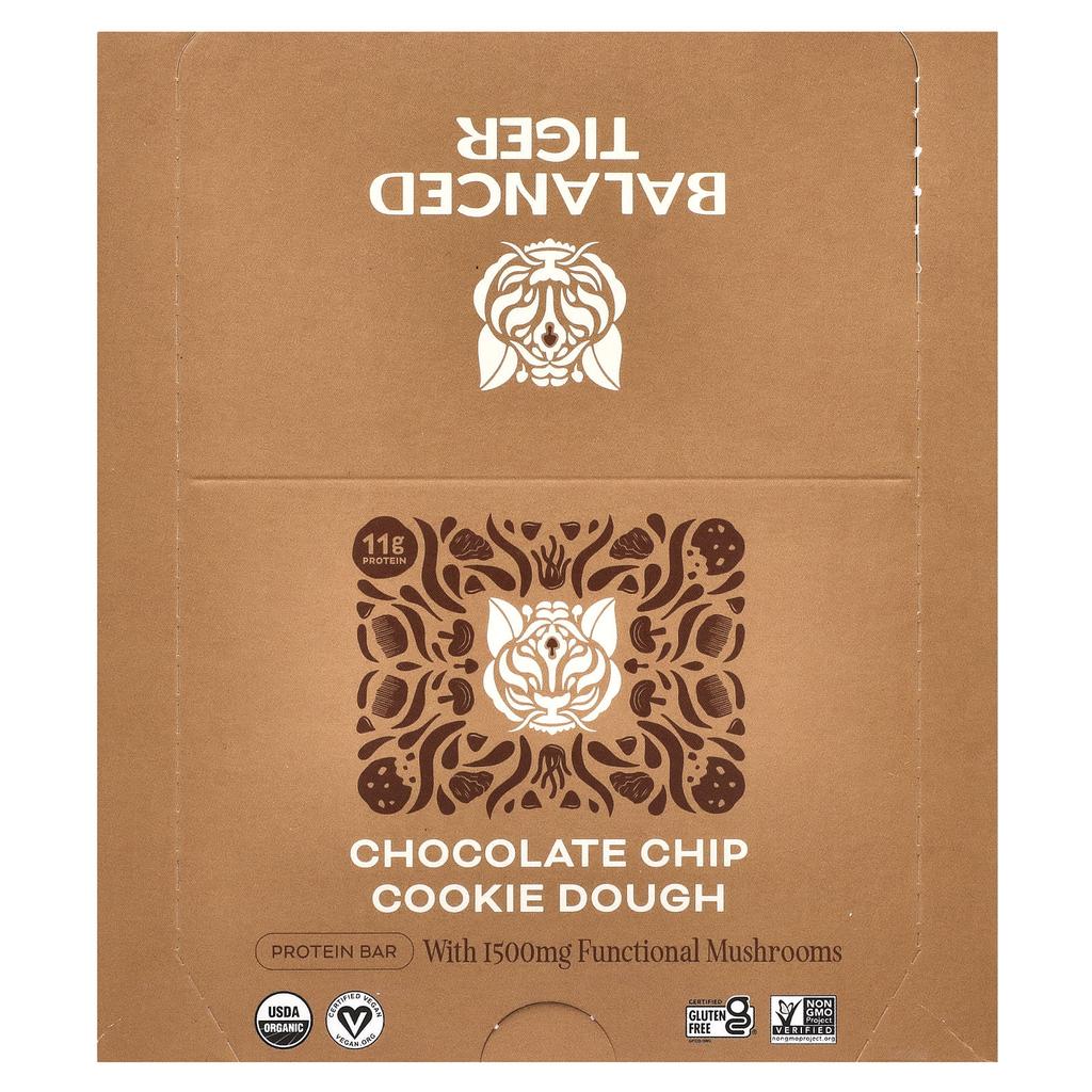 Balanced Tiger Protein Bar, Chocolate Chip Cookie Dough, 12 Bars, 1.55 Oz (44 G) Each