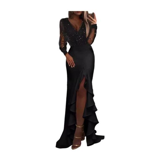 Sexy Bodycon Maxi Dress For Women V Neck Long Sleeve Mesh Sequin