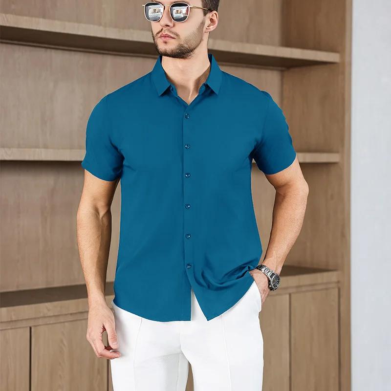 Мужская рубашка с коротким рукавом, однотонная, в стиле business casual, для летней моды, не требует глажки, удобный и универсальный топ
