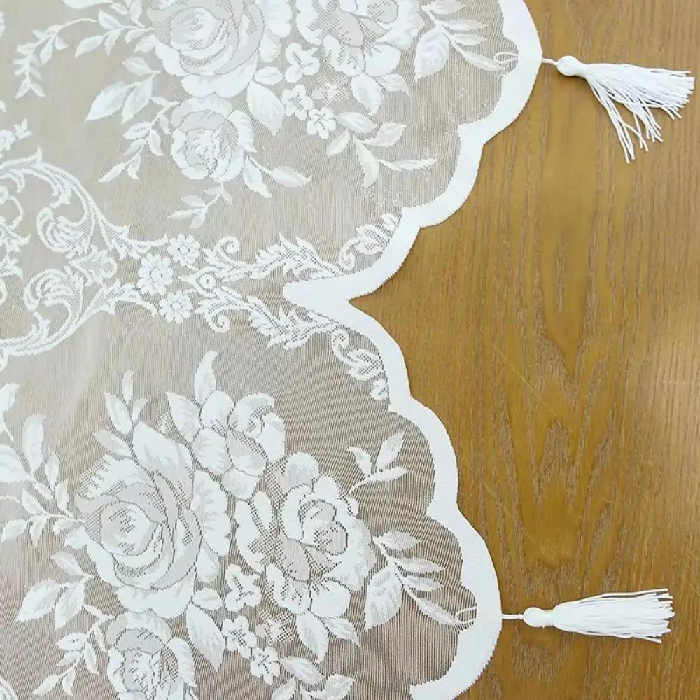 Fashion White Lace Short Curtain Tassel Small Fresh Tulle Window Half Curtains Cabinet Drapes for Home Deco