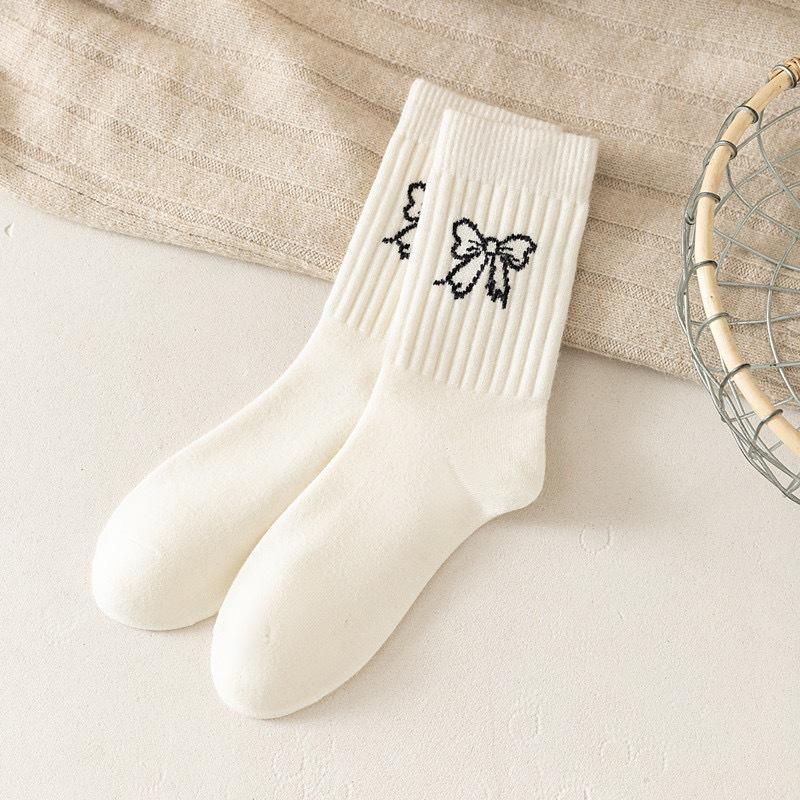 Bow-patterned Mid-calf Socks for Women Thin and Breathable for Spring and Summer Ballet-style Solid-colored Long Socks for Women In Summer
