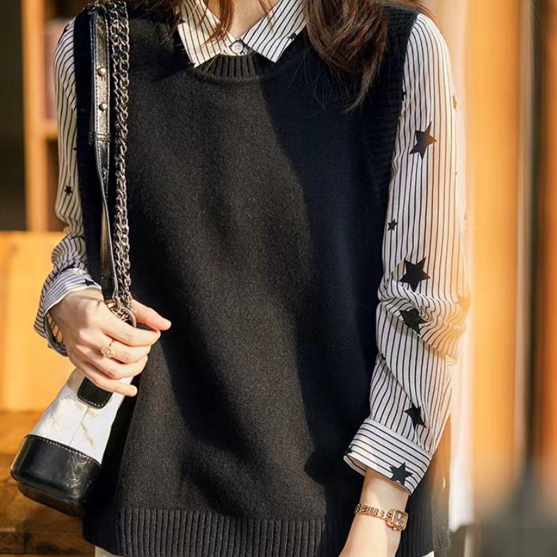 Женский вязаный свитер без рукавов жилет круглый вырез свободный