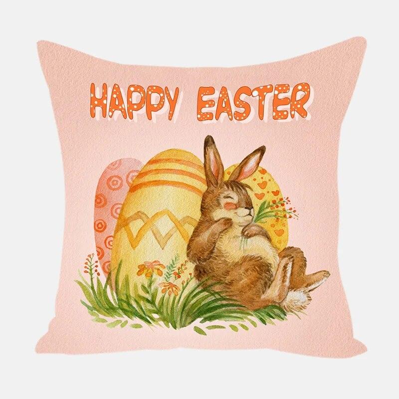 Home Decoration Easter Pillowcase Rabbit Egg Print Pillowcase Living Room Sofa Cushion Cover Bedroom Bedside Pillowcase 45x45cm