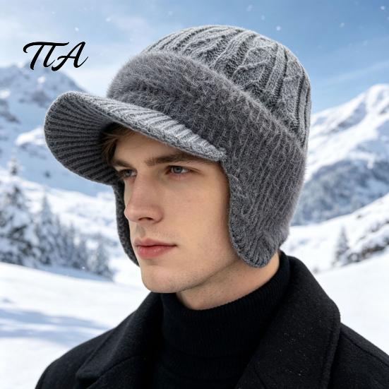 Elastic Knit Cap for Large Heads Winter Hat with Brim And Ear Flaps, Fleece Lined Knitted Hat, Sports Hiking Fuzzy Warm Visor Men, Cold Weather
