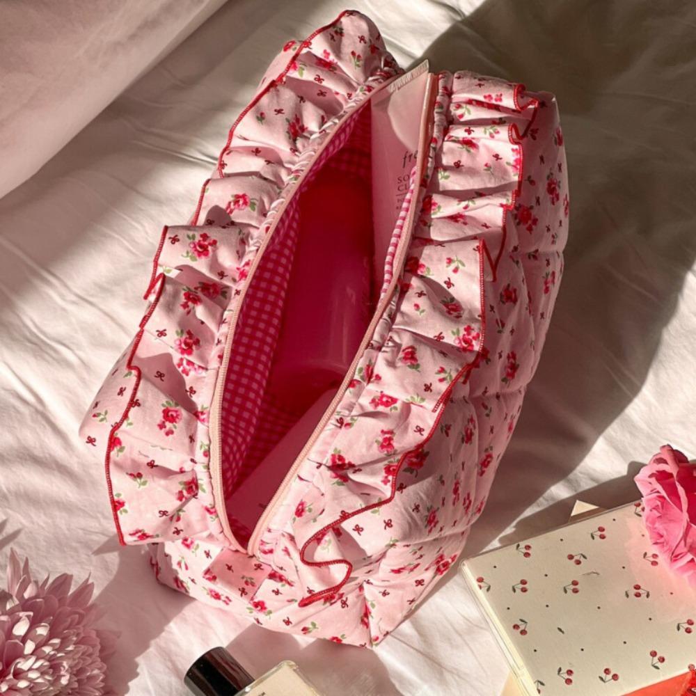 Cherry Printed Ruffle Makeup Bag Large Capacity Wash Storage Bag Toiletry Organizer  Outdoor