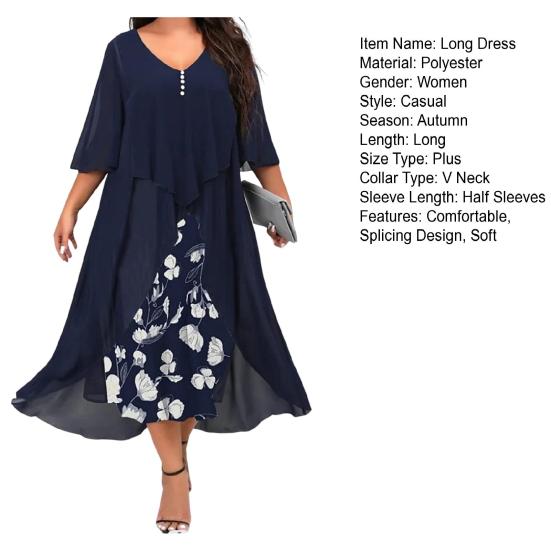 Midi Dress Swing Up Large Hem Trendy Floral Pattern Female Long for Work